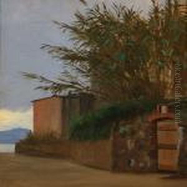 Italian Street Scene With A View Towards The Sea Oil Painting by J.E. Carl Rasmussen