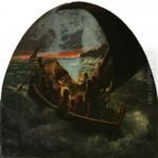 Sailors In A Deep Ticking Sailboat Heading Towards Thesunset Oil Painting by J.E. Carl Rasmussen