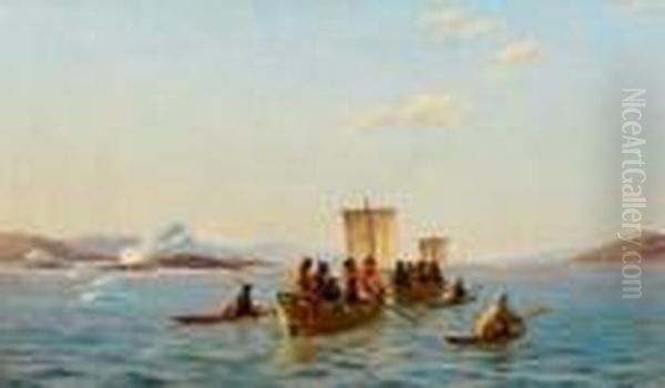 Gronland-landschaft Mit Inuit In Kleinen Segelbooten Undkajaks Oil Painting by J.E. Carl Rasmussen