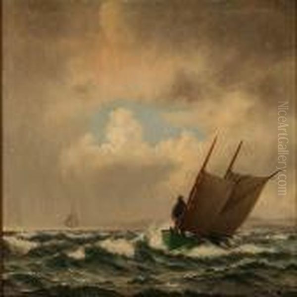 Fishermen Off The Coast Of Lohals, Denmark Oil Painting by J.E. Carl Rasmussen