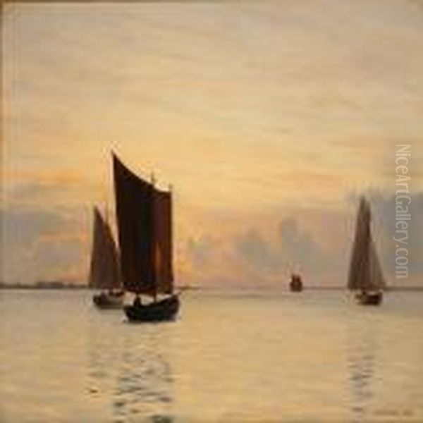 Sailing Ships Inthe Sunset, Presumably In The Archipelago South Of Funen by J.E. Carl Rasmussen