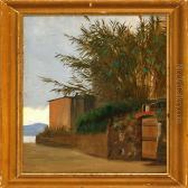 Italian Street Scene With A View Towards The Sea Oil Painting by J.E. Carl Rasmussen