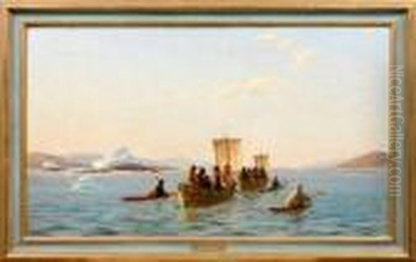 Gronland-landschaft Mit Inuit In Kleinen Segelbooten Und Kajaks Oil Painting by J.E. Carl Rasmussen