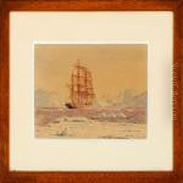 A Danish Barque Inan Greenlandic Inlet Oil Painting by J.E. Carl Rasmussen