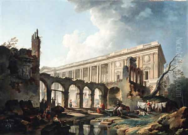 The clearing of the Colonnade du Louvre and the Demolition of the Hotel Rouille Oil Painting by Pierre-Antoine Demachy