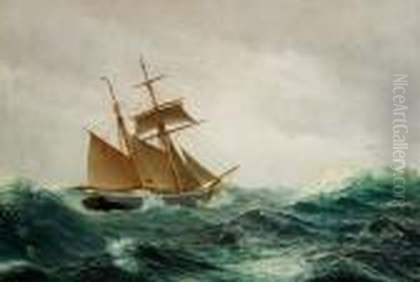 Sailing Ships In Rough Sea Oil Painting by J.E. Carl Rasmussen