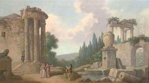 A capriccio of classical ruins with elegant figures Oil Painting by Pierre-Antoine Demachy