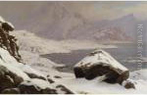 Udsigt Over En So Pa Gronland (view Across A Lake In Greenland) Oil Painting by J.E. Carl Rasmussen