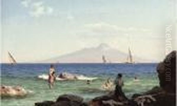 Boys Playing In The Shallows Before Vesuvius Oil Painting by J.E. Carl Rasmussen