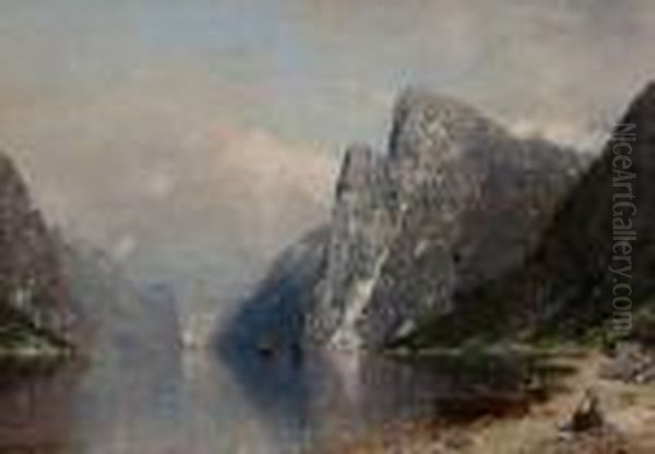 Vestlandsfjord Med Dampbat Oil Painting by Georg Anton Rasmussen