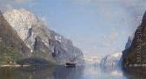 Fjord Med Dampbat Oil Painting by Georg Anton Rasmussen