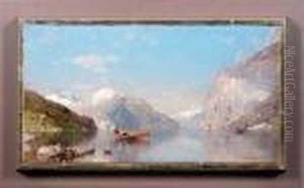 Sonnenbeschienener Fjord Mit Rudernden Fischern Oil Painting by Georg Anton Rasmussen