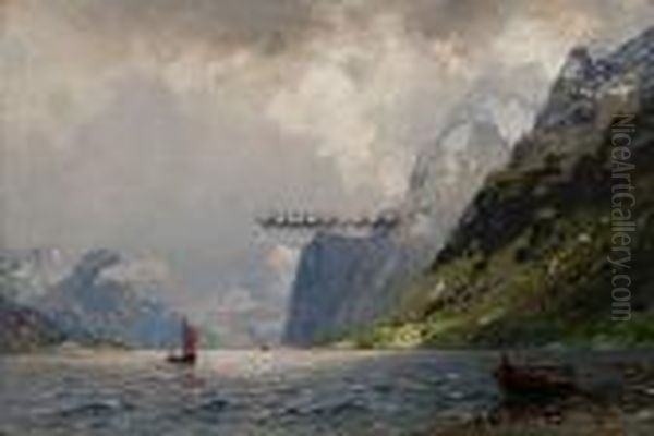 Fjordparti Med Seilbat Og Dampskip Oil Painting by Georg Anton Rasmussen