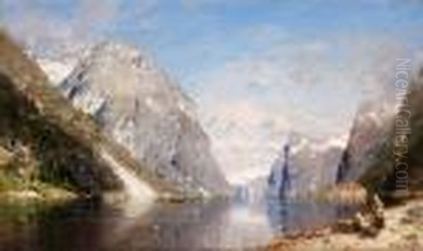 Norskt Fjordlandskap Oil Painting by Georg Anton Rasmussen