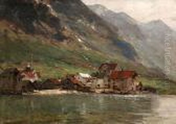 Fischerdorf Am Fjordufer Oil Painting by Georg Anton Rasmussen