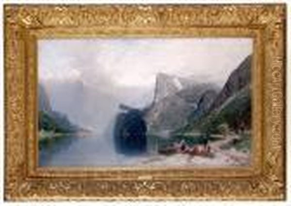 Fjordlandskap Med Figurer Oil Painting by Georg Anton Rasmussen