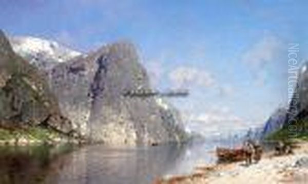 Fjordparti Olje Pa Lerret Oil Painting by Georg Anton Rasmussen