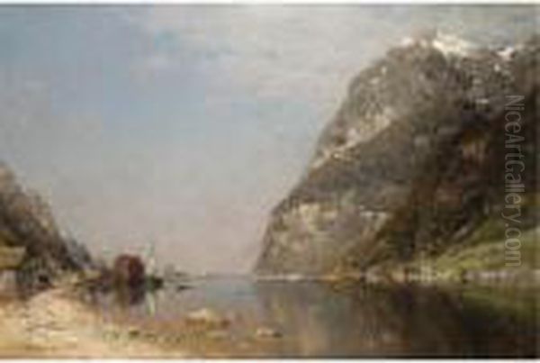 Hytter Ved Fjorden (huts By A Fjord) Oil Painting by Georg Anton Rasmussen