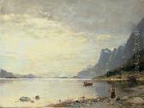 Norwegische Fjordlandschaft Mit Fischerboot. Oil Painting by Georg Anton Rasmussen