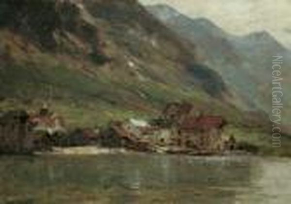 Norwegische Fjordlandschaft Mit Einem Dorf Am Wasser. Oil Painting by Georg Anton Rasmussen