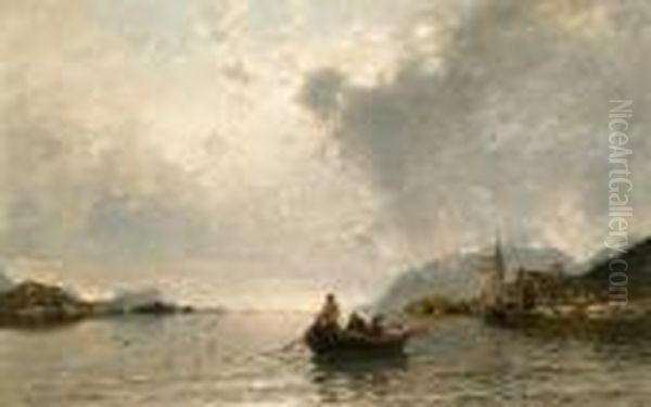 Fjordlandskap Med Fiskere 1887 Oil Painting by Georg Anton Rasmussen