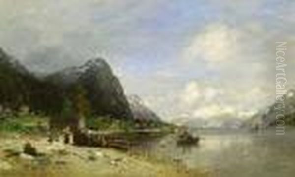 Fjordlandskap Med Folkeliv Oil Painting by Georg Anton Rasmussen