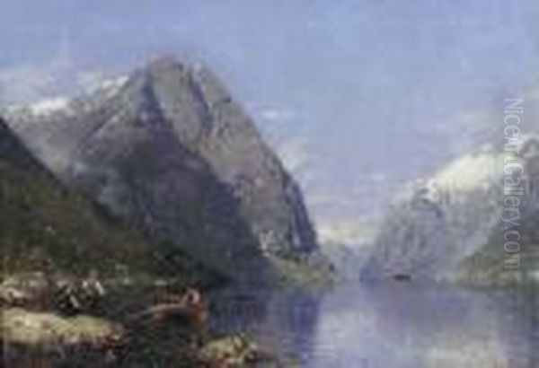 A Norwegian Fjord In Summer, With Children Fishing In The Foreground Oil Painting by Georg Anton Rasmussen