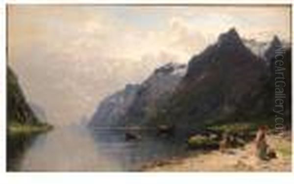 Aus Dem Sognefjord: A Norwegian Fjord In Summer Oil Painting by Georg Anton Rasmussen