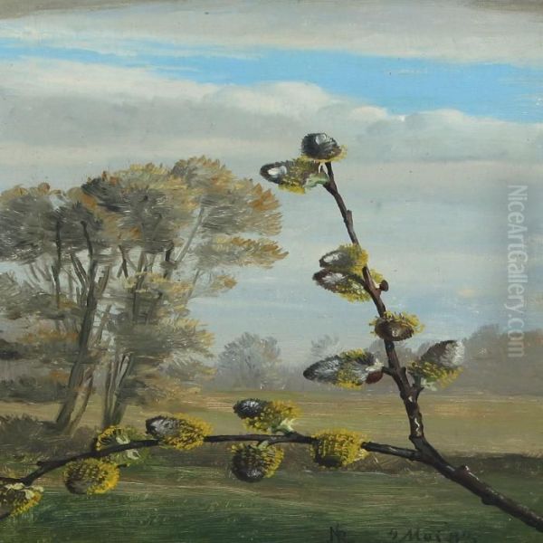 Willow Branch In Blossom Oil Painting by Niels Peter Rasmussen