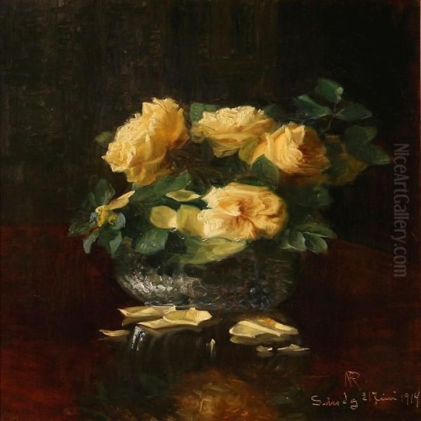 Yellow Roses In A Vase Oil Painting by Niels Peter Rasmussen