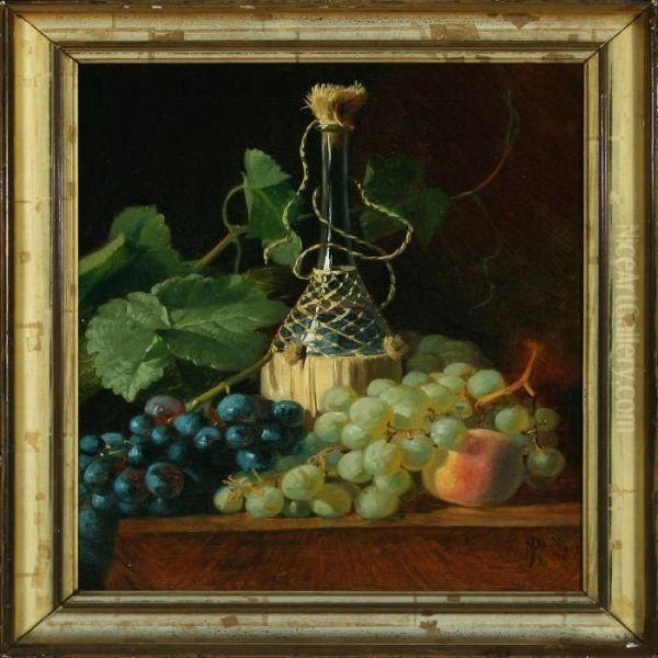 Still Life With Wine Bottle, Peach And Grapes Oil Painting by Niels Peter Rasmussen