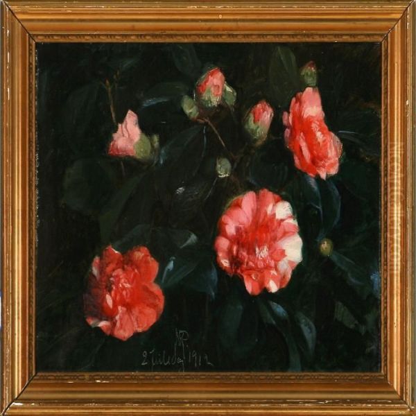 Red Camellia Oil Painting by Niels Peter Rasmussen