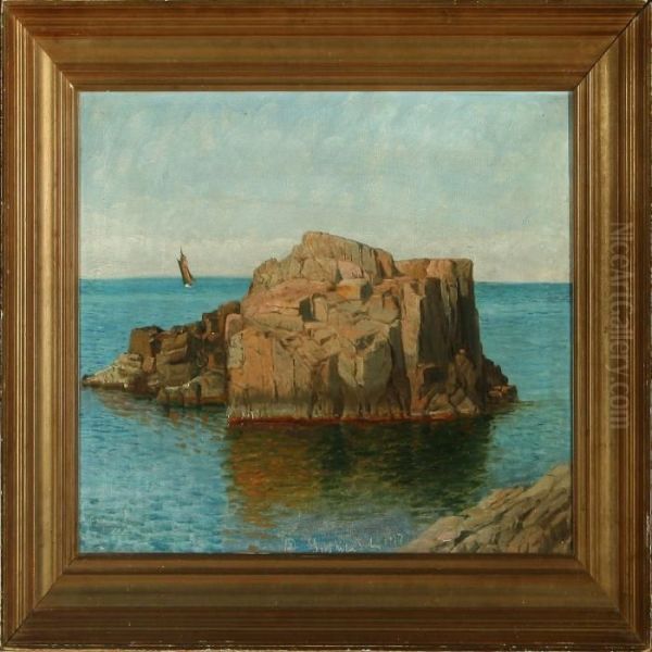 Along The Coast With Rock And Sailing Ship Oil Painting by Niels Peter Rasmussen