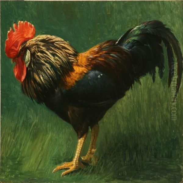 A Cock In The Grass Oil Painting by Niels Peter Rasmussen