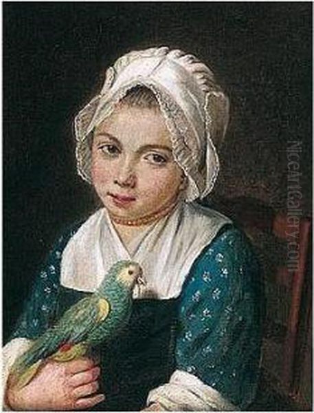 A Young Girl Holding A Green Parrot Oil Painting by Antoine Raspal