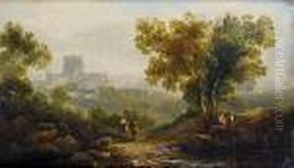 Travellers On A Country Path, An Abbey On The Horizon Oil Painting by John Rathbone