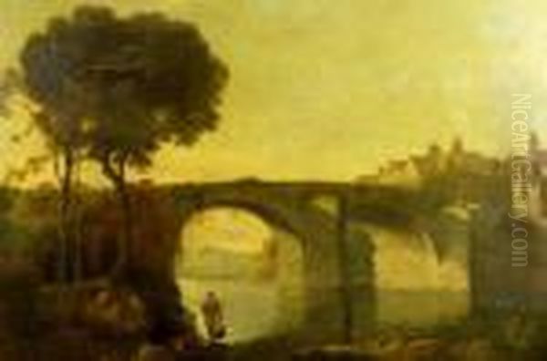 Fisherman On A Riverbank With Arched Stone Bridge And Distantmountain Beyond by John Rathbone