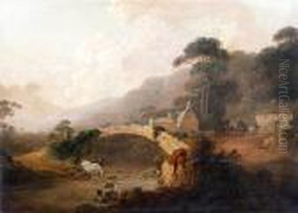 Rydal Bridge, With Cattle Watering To Theforeground Oil Painting by John Rathbone