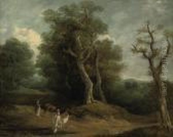 A Wooded Landscape With A Drover And Her Cattle On A Track Oil Painting by John Rathbone