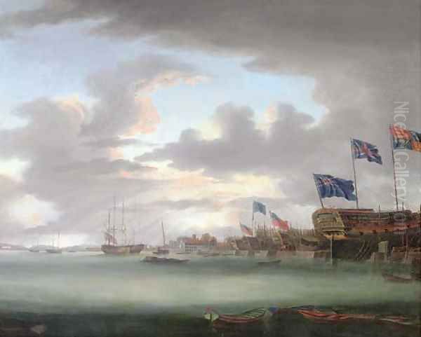 A view of Blackwall, with part of the Dockyard, at the launching of the Bombay Castle, 74 guns, built at the expense of the Hon. East India Company Oil Painting by Robert Dodd