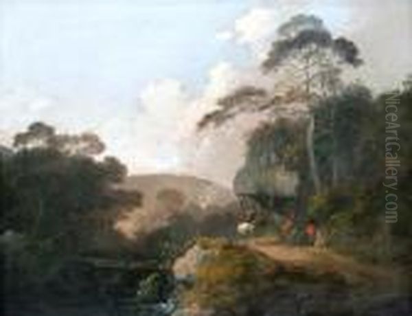 Travellers And Horse On A Wooded Pathway By Ariver Oil Painting by John Rathbone