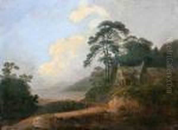 Wooded Coastal Scene With Traveller On A Pathbefore A House Oil Painting by John Rathbone