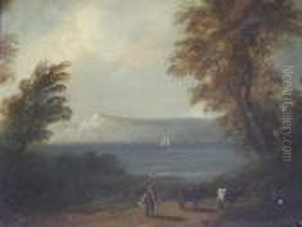 A Figure With Cattle On A Wooded Coastal Path Oil Painting by John Rathbone