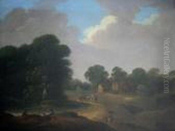 Country Landscape With Figures Near A Homestead Oil Painting by John Rathbone