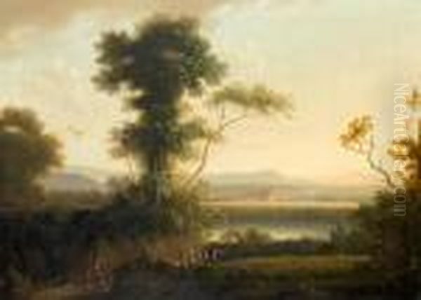 A River Landscape With Classical Ruins In The Distance Oil Painting by John Rathbone