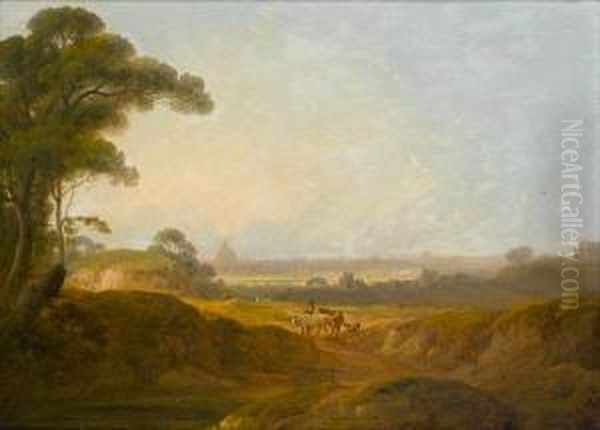 A Landscape With A Peasant 
Pasturing His Flockin The Roman Campagna; And A Landscape At Sunset With
 A Peasant Andhis Flock Resting By The Lakeside, A Town In The 
Background Oil Painting by John Rathbone