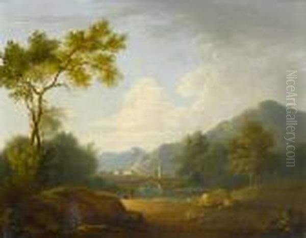 A River Landscape With Anglers On The Bank Anda Village In The Distance Oil Painting by John Rathbone