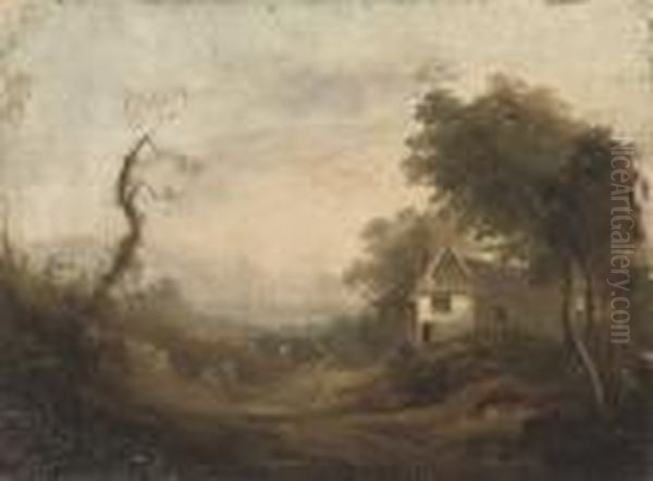 A Wooded River Landscape With Figures On A Track By A Cottage Oil Painting by John Rathbone