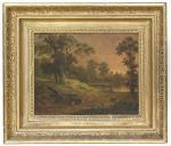 A Wooded Landscape With A Figure On Horseback By A Lake, A Churchbeyond Oil Painting by John Rathbone