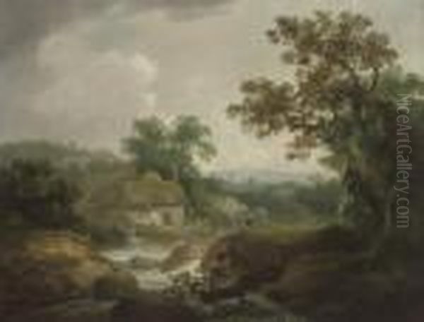 A Wooded River Landscape, 
Traditionally Identified As Cumberland, With Figures By A Mill, A Town 
Beyond Oil Painting by John Rathbone